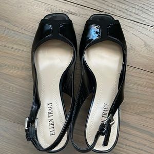 Ellen Tracy Blk Patent Leather Open Toe Sling Back 3.5 Chunky Heel Sz 6.5 malone